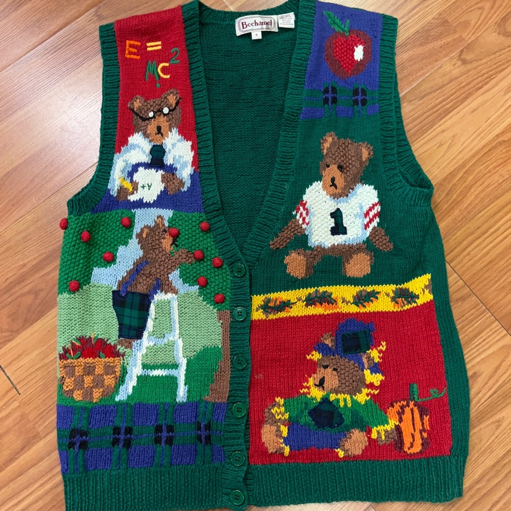 Bechamel Médium Teddy Bear Green Sweater Vest Vintage